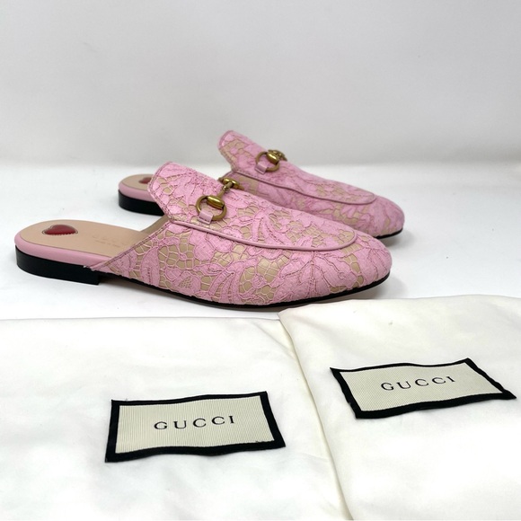 Gucci Princetown Lace Leather Horsebit Mules Size 37 Size 7 Sugar Pink - Picture 3 of 16